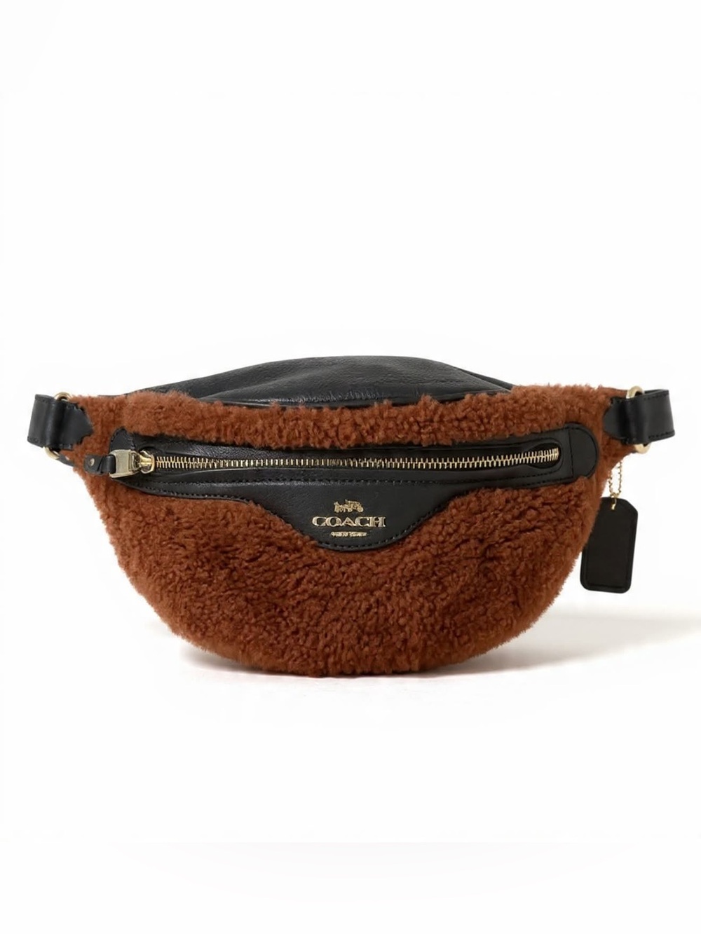 Coach Brown Shearling and Black Leather Waist Bag with Gold Hardware